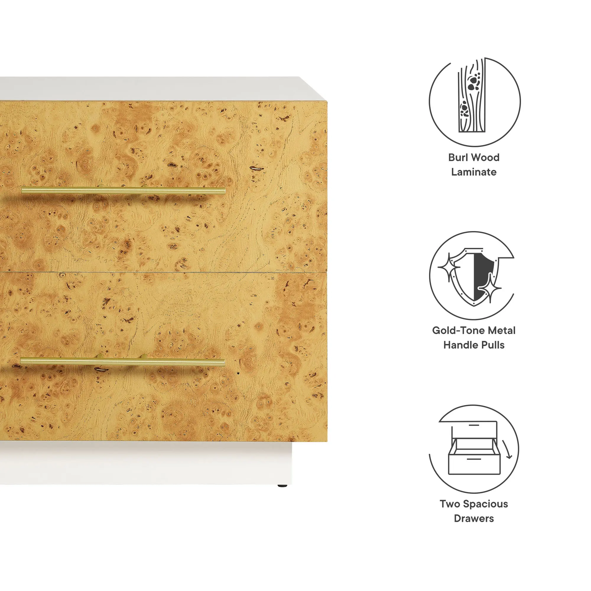 Abel 2-Drawer White Bleached Burl Wood Nightstand - Farmhouse Inspired, Durable Construction, Stylish Furniture, Elegant Gold-Tone Metal Handle Pulls, Spacious Drawers, Mid-Century Indoor Accent End Table, Assembly Required