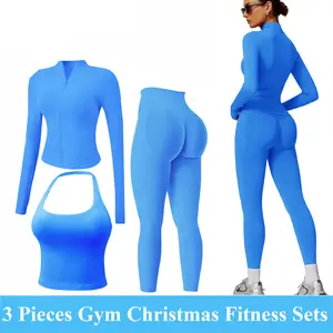 Jetjoy Workout Sets for Women 3 Piece,Yoga Outfit Long Sleeve Activewear Zip Up Top+Seamless Longline Halter Backless Crop Top + Mid Waist Leggings Sets Gym Yoga WorkOut Clothes, Matching 3 Piece Sets Gym Outfits Workout Tracksuits Breathable