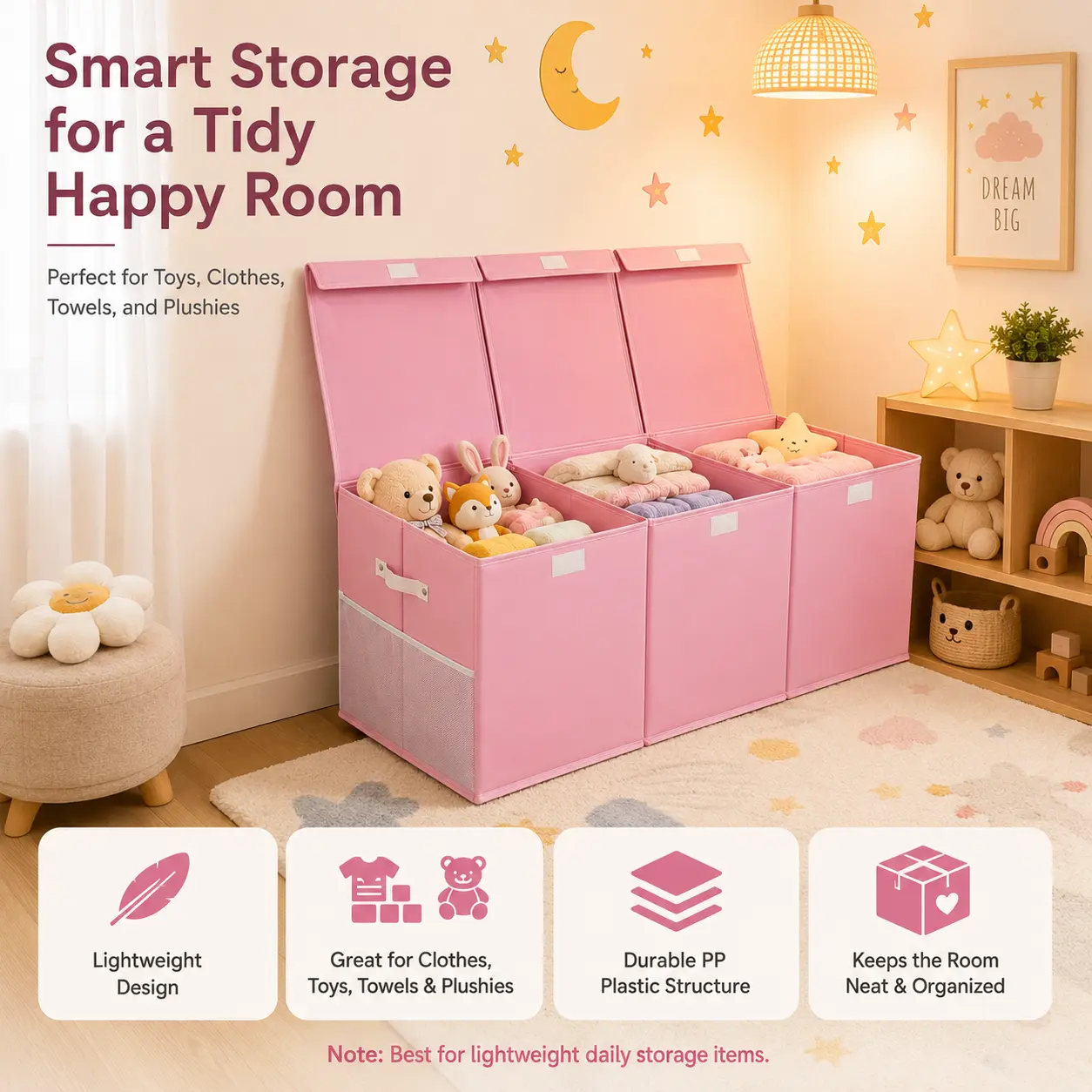 150L Blush Pink Fabric Rectangle Multifunctional Organizer Storage Box - Classic Design, Compartmentalized, Dustproof Home Storage Bin with Lid