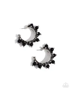 Elite Expense - Black Pearls, Silver Beads, Smokey Black Seed Beads and Silver Wire Wrap on Silver 1 1/4" Hoop Earrings