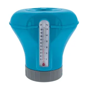 Pool Chlorine Floater Dispenser with Thermometer - 8" Diameter Floating Chlorinator, Large Capacity Holds 3" Tablets - Adjustable Ring for Balanced Chemical Delivery