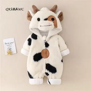 Baby Girls Boys Winter Plush Jumpsuit Long Sleeve Cartoon Cow Print Zipper Hooded Romper Gift Cozy