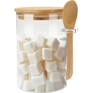 Glass Sugar Container with Spoon - 1 Pack 15oz Glass Jars with  Lid and Spoon,  Lid Storage Jar Containers for Coffee Beans, , Brown Sugar, , Flour, Nuts, Candy, Salts and