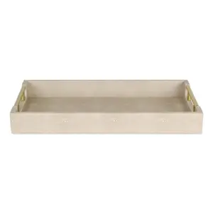 360 stand 16 in. Rectangular Wood & Vinyl Faux Shagreen Serving Display Tray with Gold Handles, Cream, Modern Minimalist Decorative Gift