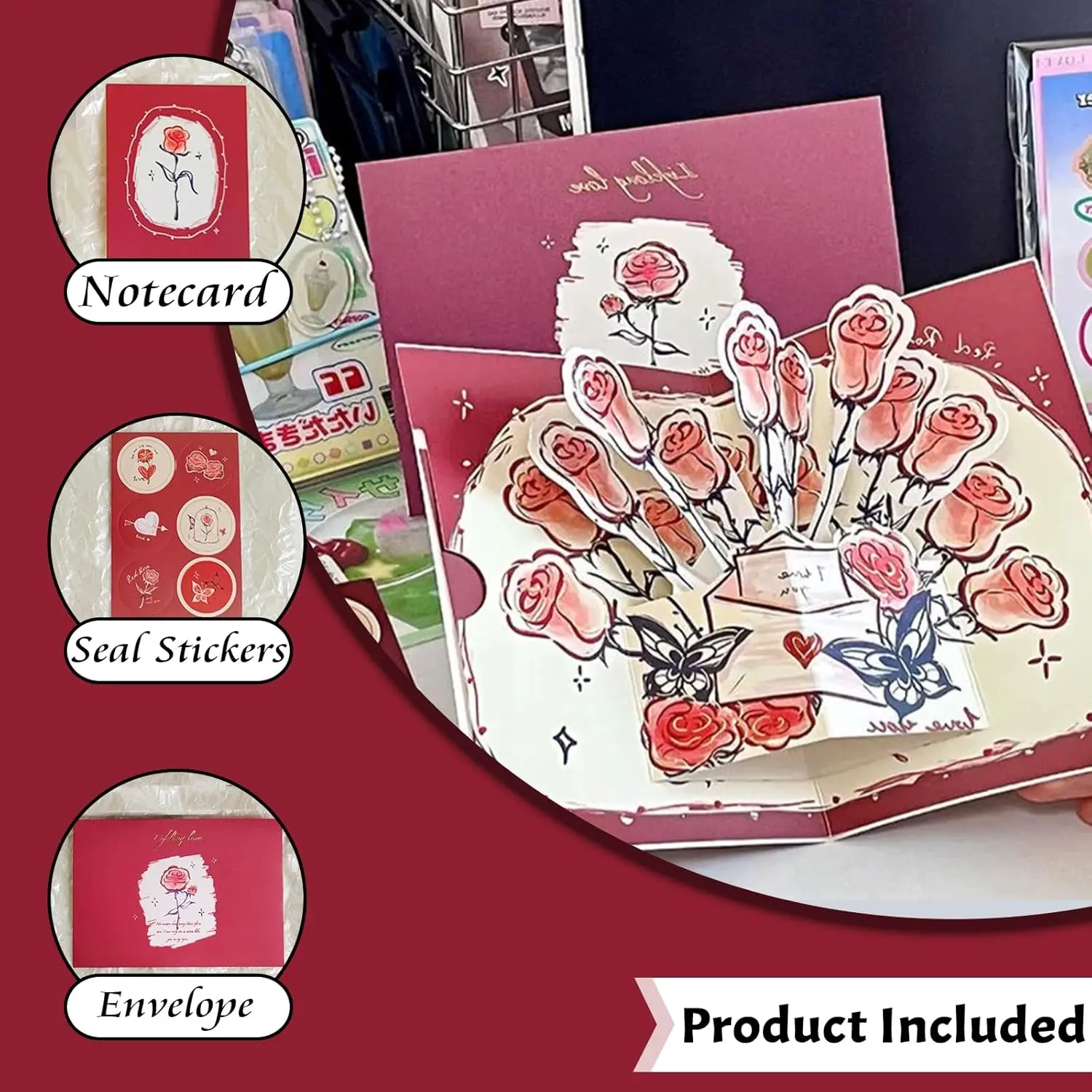 3D Rose Design Greeting Card with Envelope and Sealing Sticker - Festive Party Gift for Birthdays, Anniversaries, Ideal for Women (Wives, Girlfriends), Birthday