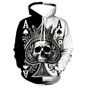 3D Men's Skull Poker Pattern Long Sleeve Casual Hoodie with Drawstring and Pockets, Fashion Pattern Hoodie for Sports and Daily Wear in Spring and Autumn