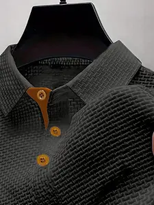 Men's Summer Essential Casual Commuter Polo Shirt, Waffle Texture, Wooden Color Buttons, Slim-Fitting, Solid Pattern, Daily Wear, China