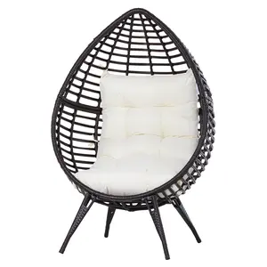 Outsunny Patio Wicker Egg Chair w/ Soft Cushion, Teardrop Cuddle Seat, Outdoor / Indoor Patio Chair, PE Plastic Rattan Furniture with Adjustable Height Feet Pads, Beige