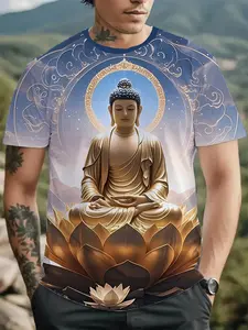 Mens Digital Print for Lotus Full Moon & Golden Light Art Street T-Shirt - Short Sleeve Round Neck Summer Casual Tee, Popular Transfer, Spiritual Zen Design, Ideal for Meditation, Yoga, and Leisure Wear - Breathable Durable Fabric, Suitable for Mi