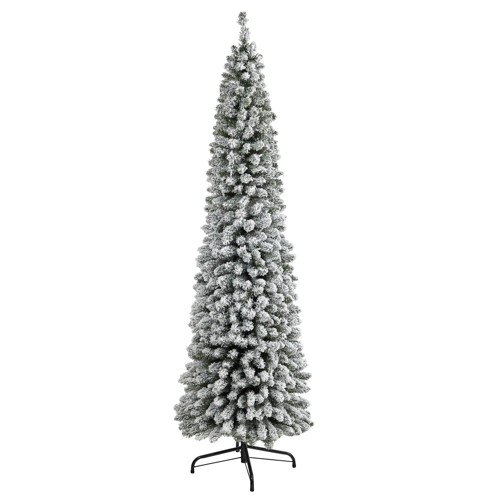 7’ Tall Flocked Pencil Synthetic Christmas Tree, Narrow Shape, 574 Bendable Branches, Space-Saving Indoor Holiday Decor, Party Decoration with Ornaments Display