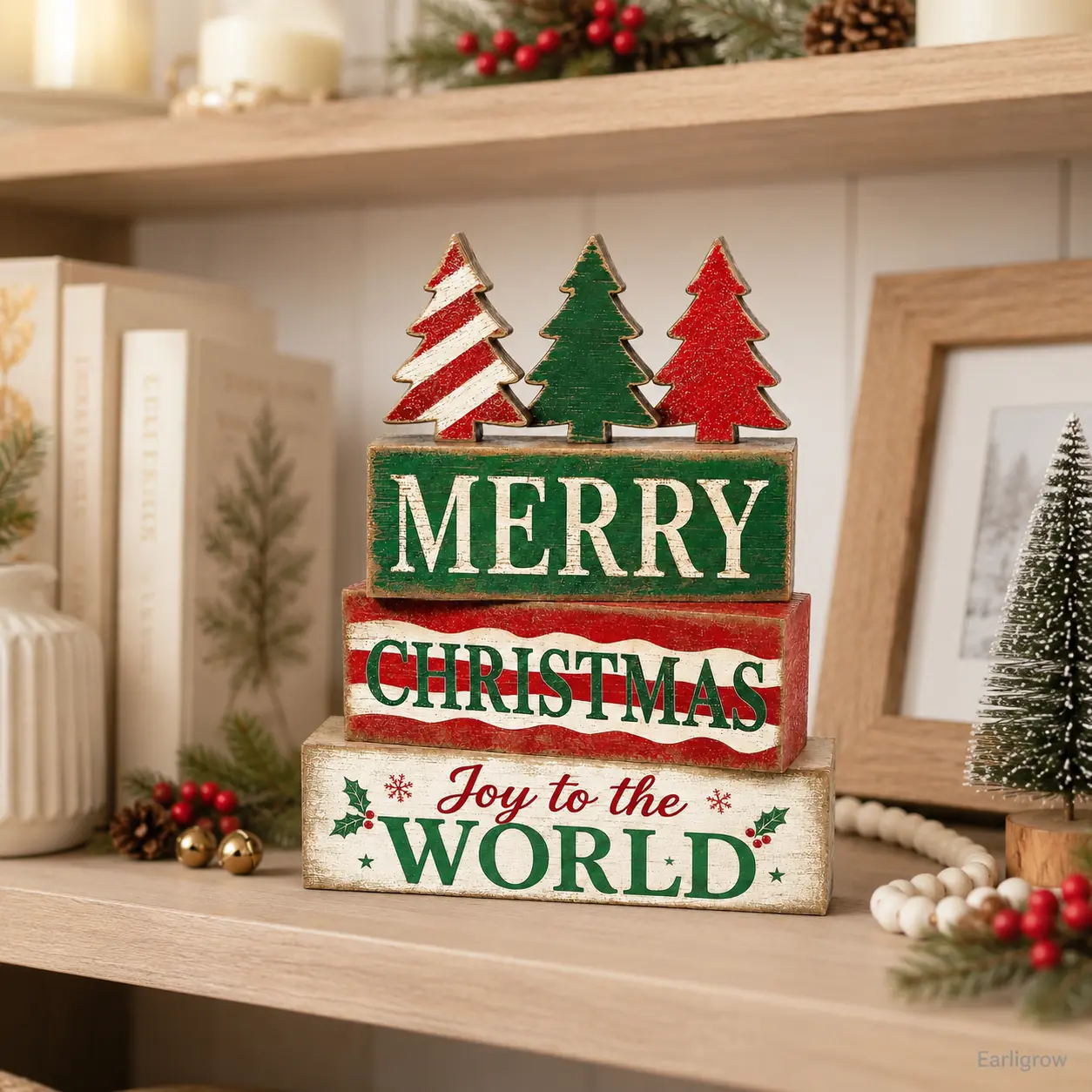 Indoor Christmas decorations, 4-piece country-style Christmas tree home decor | Wooden winter Christmas dining table decoration, farmhouse Christmas party centerpiece, tiered tray decor for kitchen mantel and office gifts