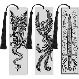 Set of 3 Stainless Steel Bookmarks 5.9 x 1.6 Inches Featuring Dragon  and Sword Fantasy Metal Bookmark Book Accessories for Men Women  Book Lovers Birthday Graduation