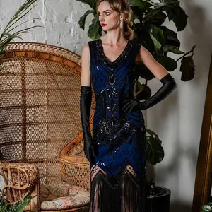 Retro Stage 1920s Vintage V - Neck Sequin and Fringe - Embellished Dress for Glamorous Events Dancewear Dance Costume