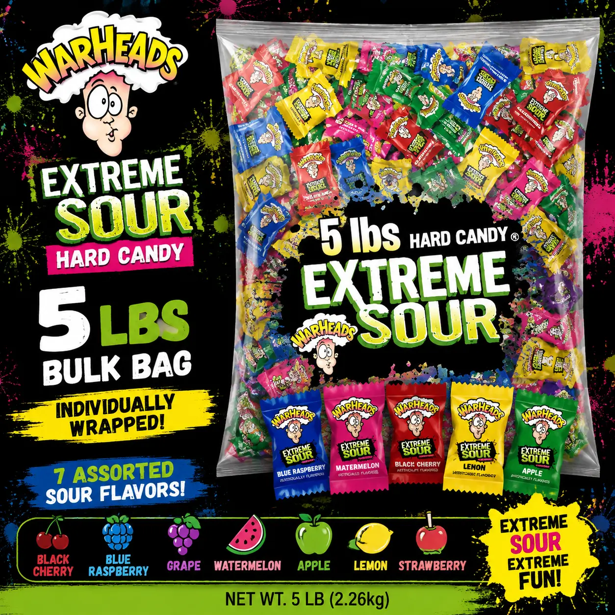 Warheads Extreme Sour Hard Candy 5 lb Bulk Bag  Individually Wrapped Sour Candy | Assorted Fruity Flavors for Parties & Candy Buffets