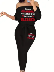 Women's Colorblock One Shoulder Belted Print Long Sleeve Pants & Top Set, Matching Clothing Set, Casual Fitted Two-Piece Outfits for All Seasons, Casual Loungewear Set, Co Ord Set