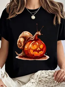 100% cotton Cute Snail Pumpkin Halloween Costume Snails Men Women T-Shirt Women Graphic T-Shirt Cotton Print short Sleeve Casual Top, Summer Tee Womens Tops