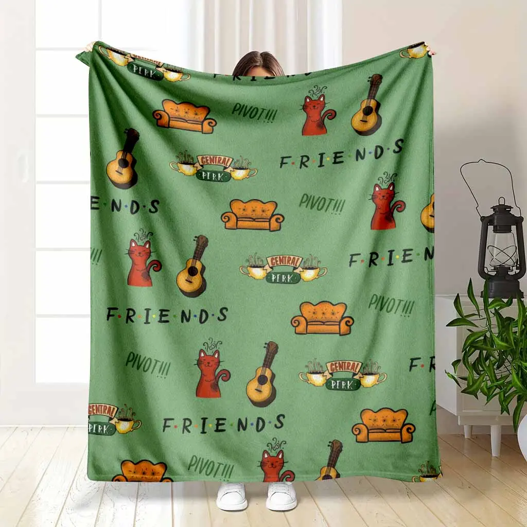 Friends Series Flannel Fabric Throw Blanket, Wrinkle Resistant, Anti-Pilling, Central Perk Sofa Cat Guitar Print, Cozy Soft Warm Lightweight, Indoor/Outdoor Decorative for Living Room Gift Use, Cozy Look