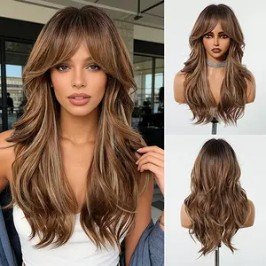 24 Inch Brown Balayage Highlight Long Wavy Wig with Curtain Bangs for Women Glueless Natural Looking Synthetic Heat Resistant Daily & Party Wear