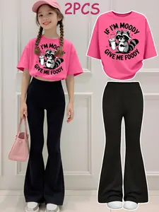 2-Piece Girls' T-Shirt Set, “Feed Me When I'm Down” Print Girls' Outfit, Short-Sleeve Crew-Neck T-Shirt and Flared Pants Set, Children's Clothing Suitable for Outdoor Wear