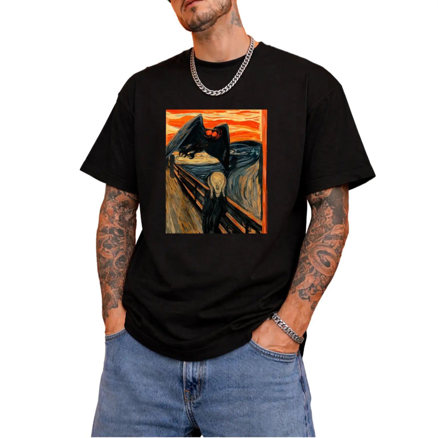 Men's & Unisex Retro Mothman & Scream Cryptid T-Shirt - Heavy Cotton Vintage West Virginia Graphic Tee, for halloween Shirt with Iconic Mythical Creature & Pop Art Design, Casual Wear, Machine Washable Cryptid Apparel