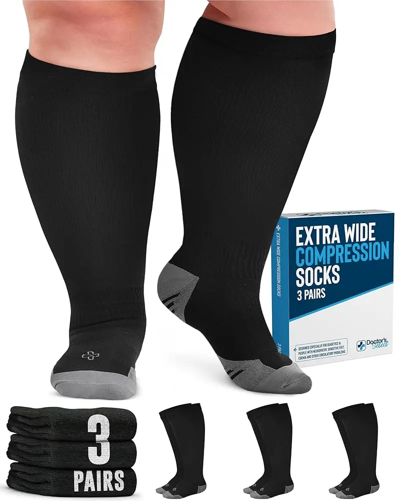 Doctor's Select Women's Plus Size Compression Socks - Extra Wide Calf, Wide Leg Fit, 20-30 mmHg Gradient Support, Black, 3 Pairs (Up to 6XL), 3 Pairs - Black