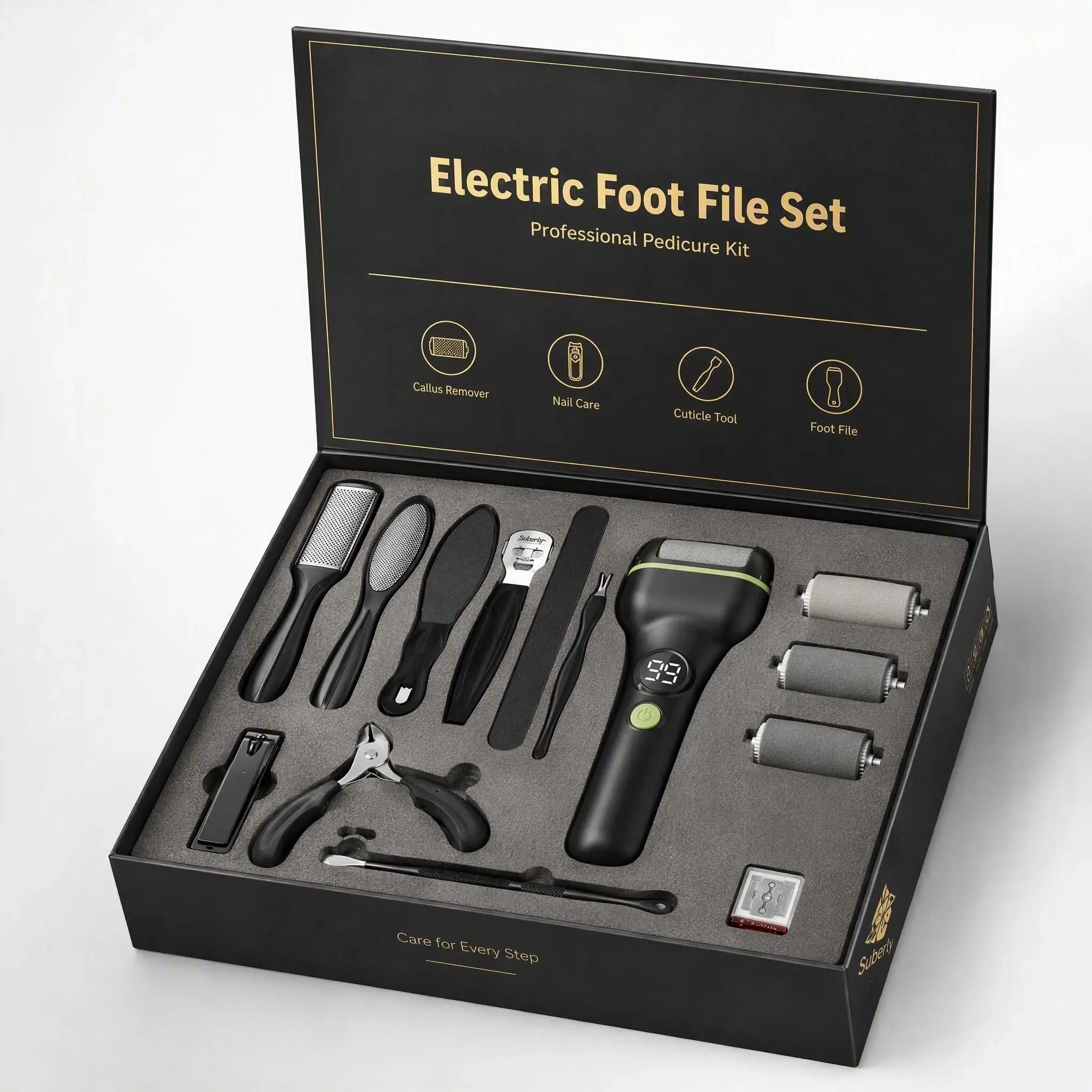 Premium Electric Foot File Set - Gently and Easily Exfoliate for Smooth Soles - Rechargeable Foot File with LED Digital Display, Stainless Steel Foot File Set, Manicure Essential, Great for Foot Care - The Perfect Gift for Heel Care