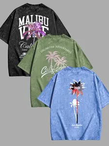 Men's Summer 3-Pack, Letter Palm Tree Print, Loose-Fit Long T-Shirt, Breathable Casual Wear, Graphic Pattern, No Zipper or Buttons