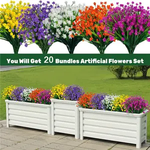 20 Bundles Artificial Flowers for Outdoors UV Resistant Fake Plastic Plants Faux Boston Fern Greenery Stems for Spring Summer Indoor Garden Patio Window Box Kitchen Home Decor, Mixedcolor