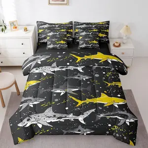 Shark 7 Piece Comforter Set,Black Yellow Cartoon Sharks Bed in a Bag,Marine Life Bedding Set with Pillowcase & Sham