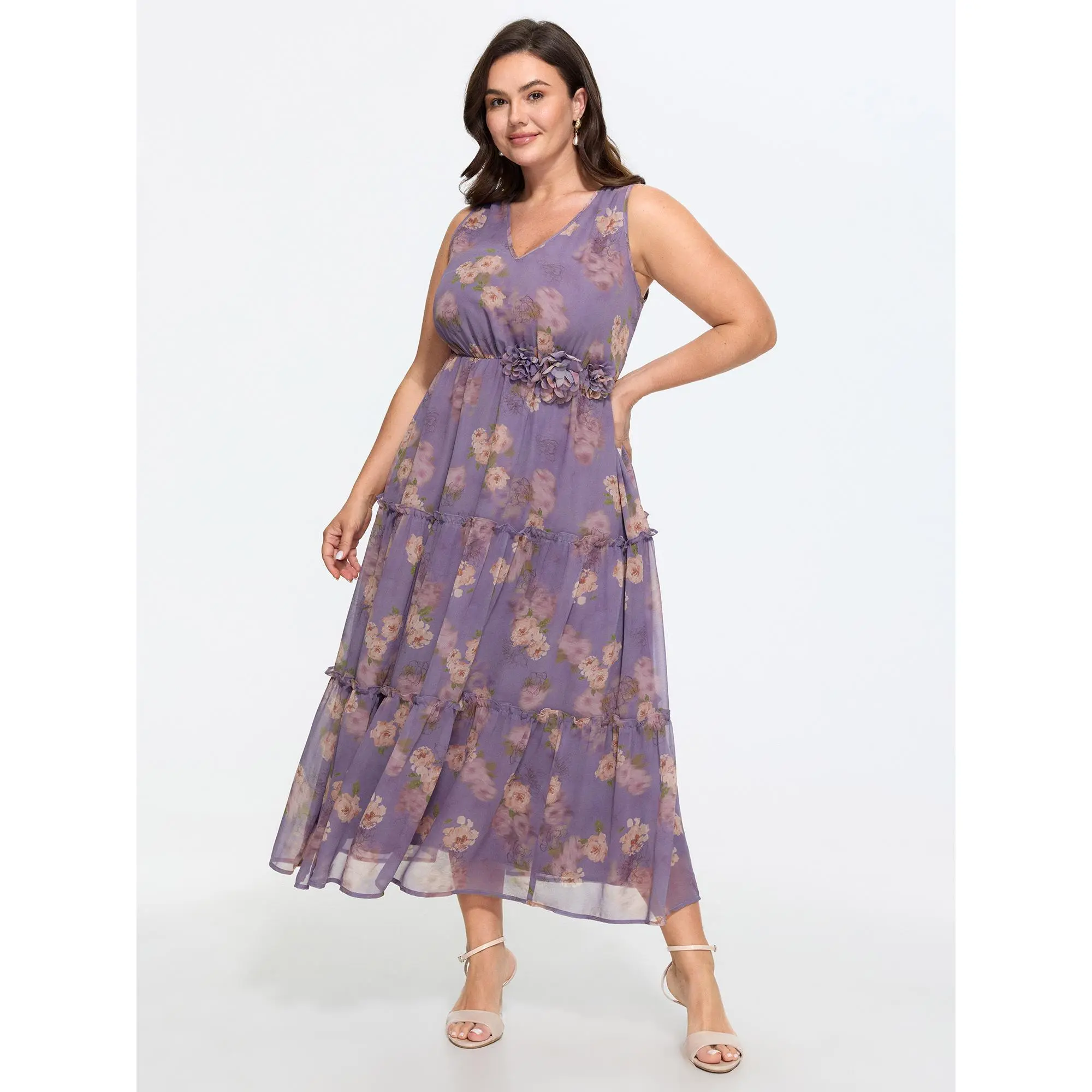 BloomChic Plus Size Lilac Floral Maxi Dress, Romantic Cold Shoulder Garment, Casual Smooth Fit with Ruffled Tiers, Fabric, Pocket, Longline, Low Iron, Iron After Pack, Sleeveless, Women, Polyester, Casual Wear, Plus Size Clothes, Plus Size Casual Dresses