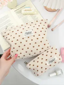 Heart Pattern Makeup Bag Set, Lightweight Zipper Makeup Storage Bag, Multifunctional Toiletries Makeup Bag, Travel Essential Makeup Bag, Skin Care Product Storage Bag, Cosmetic Pouch, Handheld Cosmetic Pouch