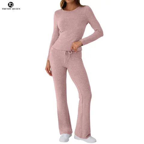 Trendy Queen Women's 2 Piece Foldover Yoga Flare Leggings & Long Sleeve Crop Top Set for Autumn Casual Y2K Outfits, Women's Clothes, Two Piece Set
