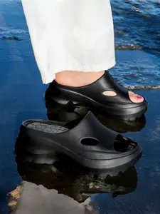 Women's Black Thick Sole Fishmouth Slides, Soft Height-Boosting, Anti-Slip Wear-Resistant, Breathable Comfort, Daily Commute, Street Outings, Thick Sole Slippers