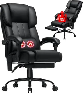HOFFREE Reclining Office Chair with Massage and Heat Big and Tall Executive Office Chair with Foot Rest High Back PU Leather Computer Chair with Lumbar Support Black
