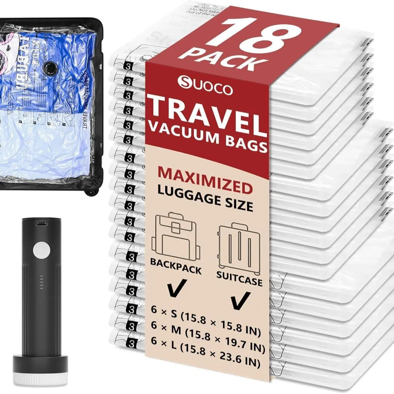 SUOCO Travel Vacuum Seal Bags with Rechargeable Electric Pump & Compression Packing Cubes  Airtight, Re-sealable Set Travel Organizers for Luggage Space-Saving Solutions, Vacuum Bags For Travel