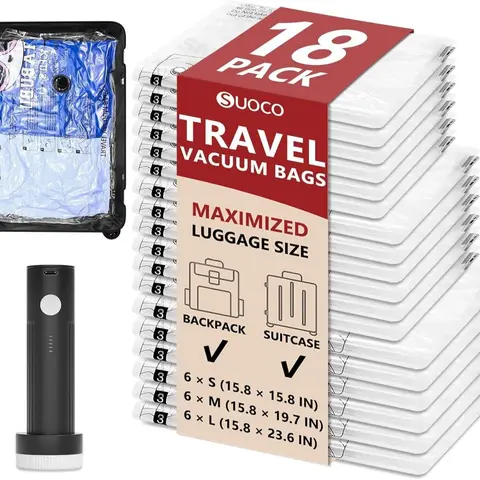 SUOCO Rechargeable & Cordless Travel Vacuum Storage Compression Bags Set - 18 Packs Thick PA+PE Transparent Space Saving Bags (3 Sizes) with USB Rechargeable Handheld Pump, Waterproof Reusable Design for Carry-On Suitcases