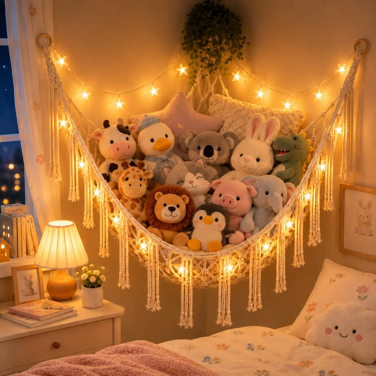 Hangable LED Floral Toy Hammock - Home Supplies Storage Basket for Stuffed Animals, Plushies, Storage Organization, Girl Room Accessories, Room Decor for Girls Bedroom Wall decorative organizer stuffed storage