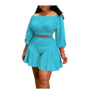 Plus size women's new pleated collar fluffy waistband casual two-piece set