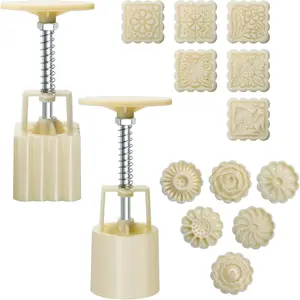 Moon Cake Mould 50g, 12 PCS Pattern Hand-Pressure Mooncake Molds for Mid-Autumn DIY Pastry Tool 2 Set with 6pcs Round Flower 6 Pcs Square Pattern Mooncake Mould White 50g