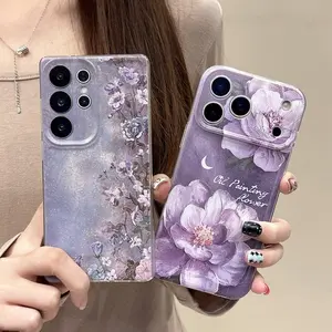 Purple Oil Painting Flower Phone Case For Samsung S25 FE S26 Ultra S23 S24 S21 FE S22 Note 20 Ultra 10 Plus 5G Soft Protective Cover Protector Smartphone