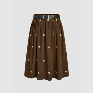 Cider [3 colors, size 2-24] Corduroy Mid Rise Floral Embroidery Ruffle Maxi Skirt With Belt