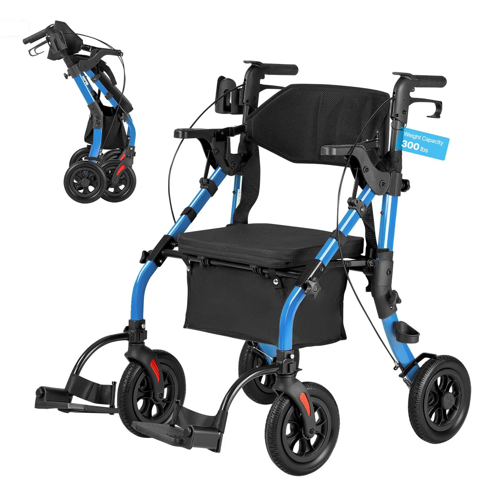 VEVOR 2-in-1 Rollator Walker & Transport Chair for Seniors, Foldable Rolling Walker Wheelchair, Lightweight Aluminum Mobility Walking Aid with Solid PU Wheels, Cup & Cane Holder - Supports 300LBS