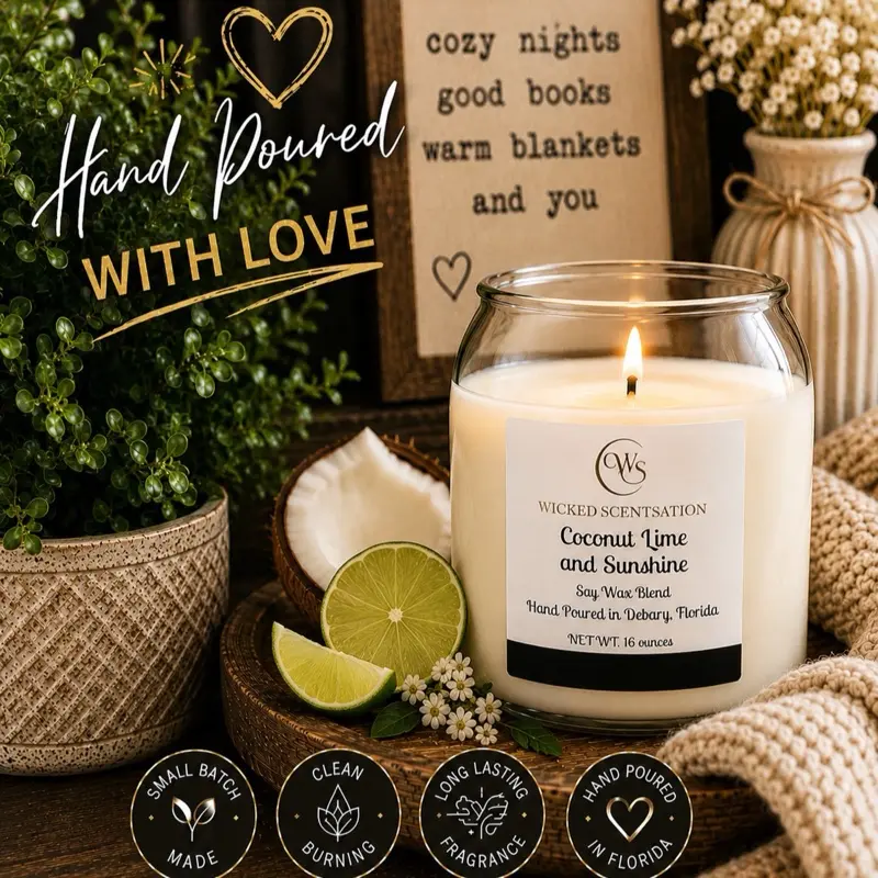 Coconut Lime & Sunshine 16 Ounces Hand Poured Soy-Wax Blend Candle in Glass Jar with cork ball lid  Decoration Decorative for Home Decor - Ornaments Gift Scented