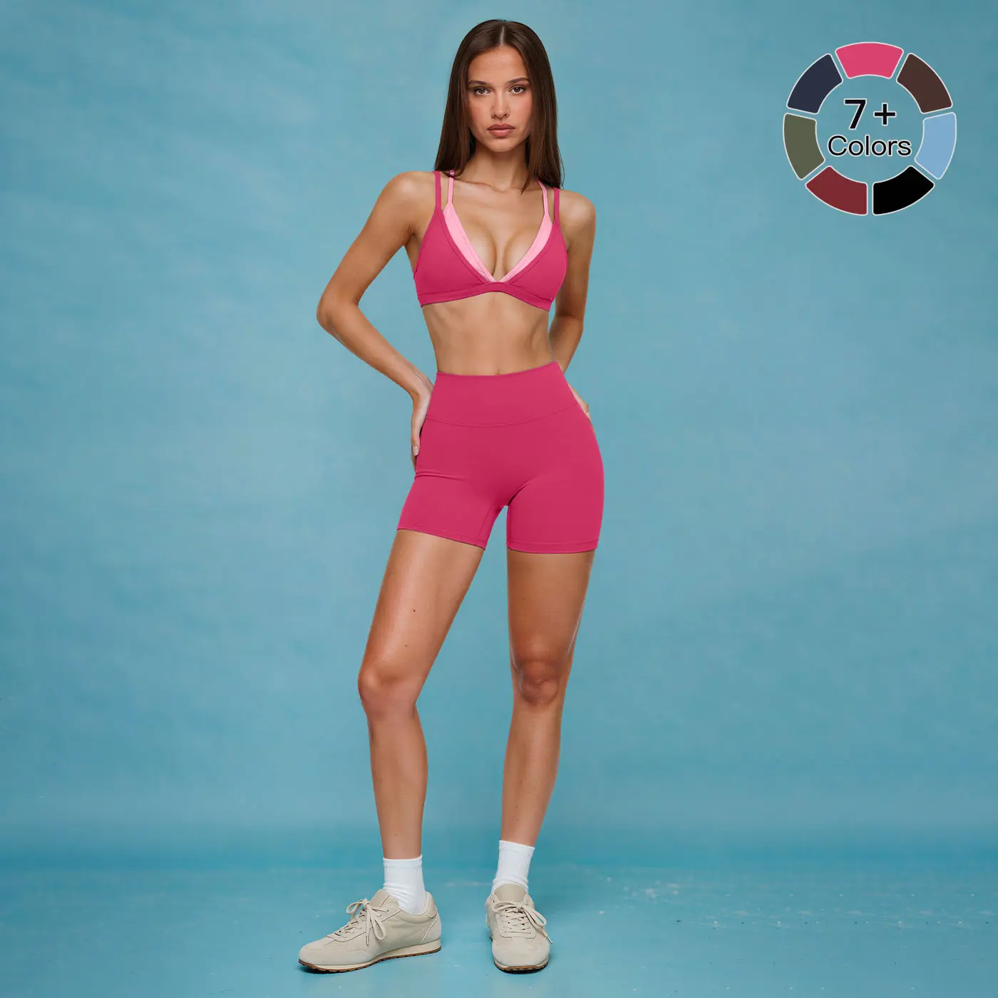 MFVIM women’s two-layer color-block V-neck sports set with thin spaghetti straps, high-waisted butt-lifting shorts, two-piece workout outfit for fitness and yoga