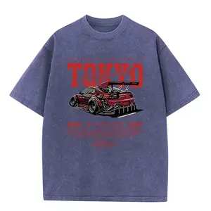 Men's Acid-Washed Oversized Cotton Fabric Short-Sleeve Tee & Round Neck Crewneck Sweatshirt, Streetwear Street Culture Line Classic Casual Tops, "TOKYO Underground+Red Tuned Car+Coordinates+Super Club" Prints, Soft Vintage Bold Comfy for Street Outings