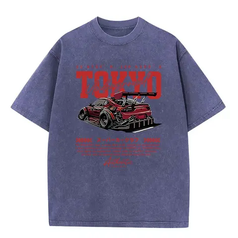 Men's 100% Pure Cotton Retro Acid-Washed Oversized Short-Sleeve Top - Round Neck, Tokyo Tuned Car Graphic, Chinese New Year Print, Vintage Vibe Casual Preppy Alternative T-Shirt