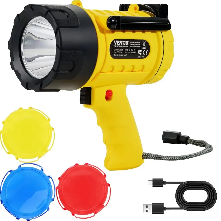 【Summerfinds】Handheld Cordless Rechargeable High-Lumen LED Flashlight, 1000000 Lumens, IP67 Waterproof, 4 Modes, Detachable Lens, USB Port, Portable Camping Searchlight for Boating, Hunting, Father's Day Gift, Outdoor