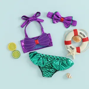 3Pcs Girls Mermaid Bikini Set Lace Up 3D Swimsuits Fish Scales Triangle Briefs Bowknot Elastic Headband Summer Beachwear Suit