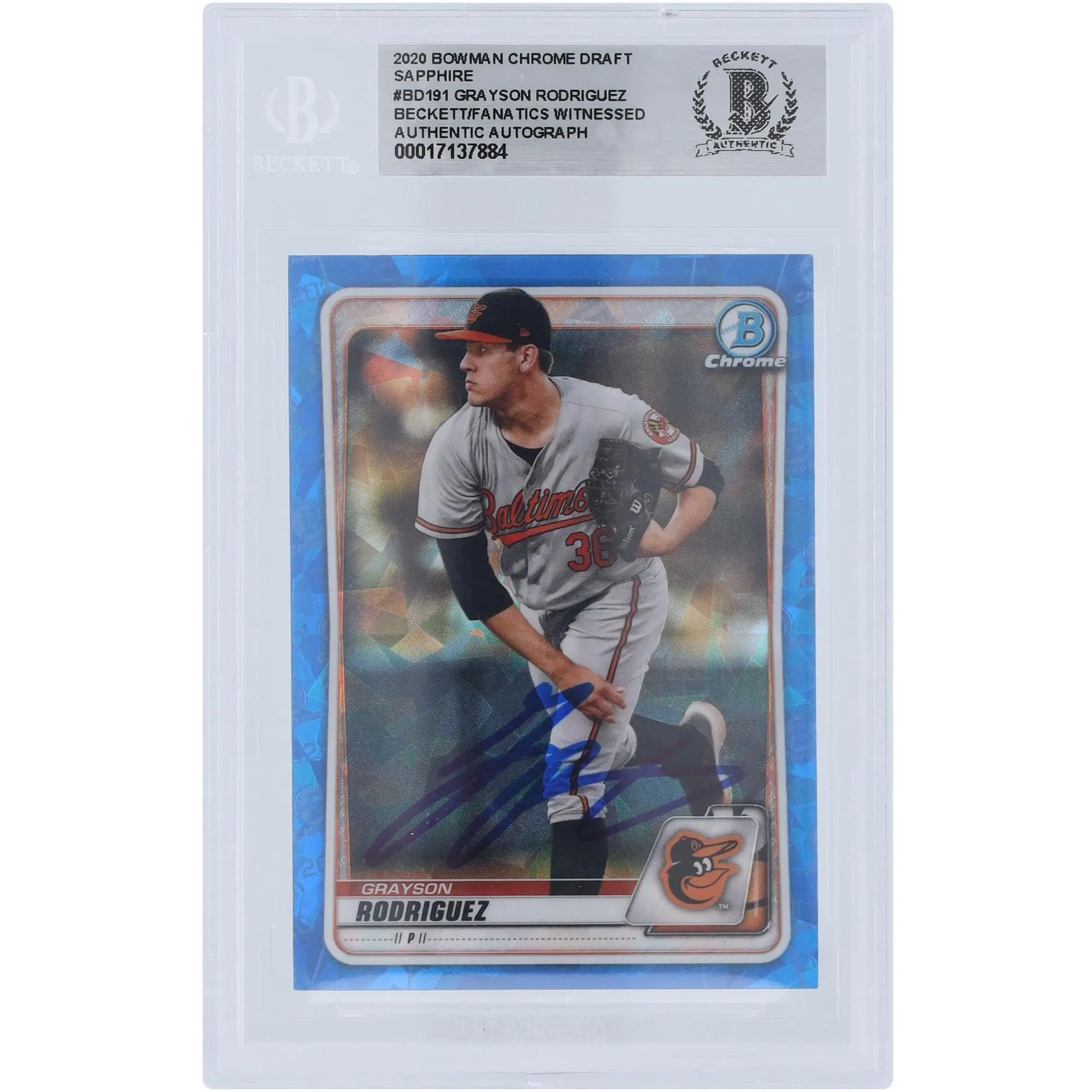 Grayson Rodriguez Baltimore Orioles Autographed 2020 Bowman Chrome Draft Sapphire #BD-191 Beckett Fanatics Witnessed Authenticated Card - Fanatics Authentic Certified
