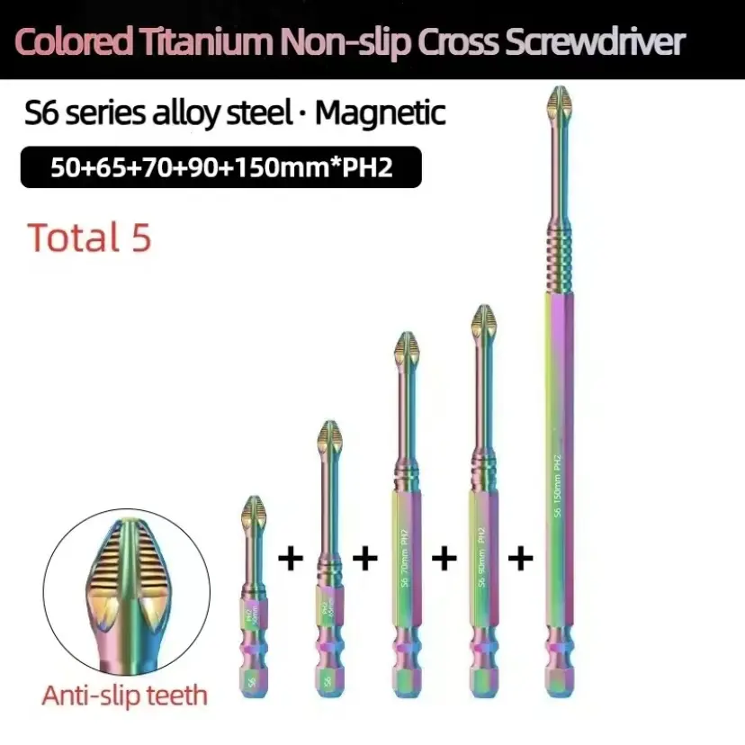 5pcs-color titanium impact anti-slip Phillips head super hard strong magnetic screwdriver